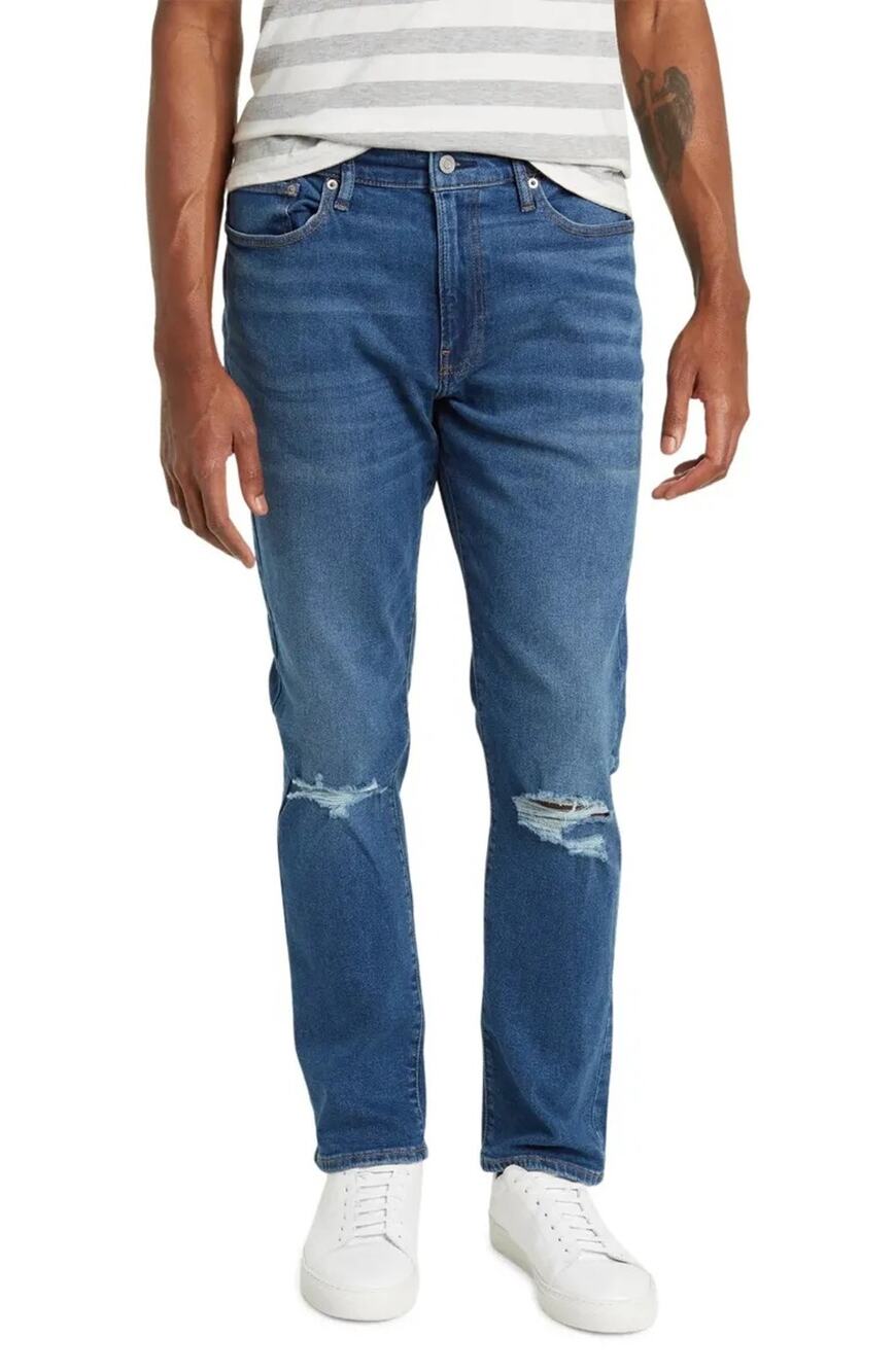 Lucky Brand Mens 410 Athletic Slim Jeans Size 36x32 Medium Blue Wash Distressed
